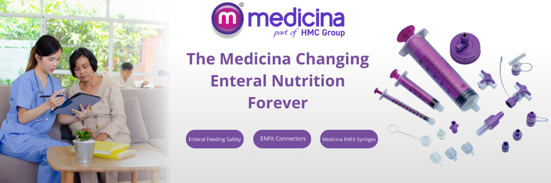 Medicina ENFit syringes and connectors for enteral feeding safety – nurse consulting patient, promoting ISO-compliant enteral nutrition products