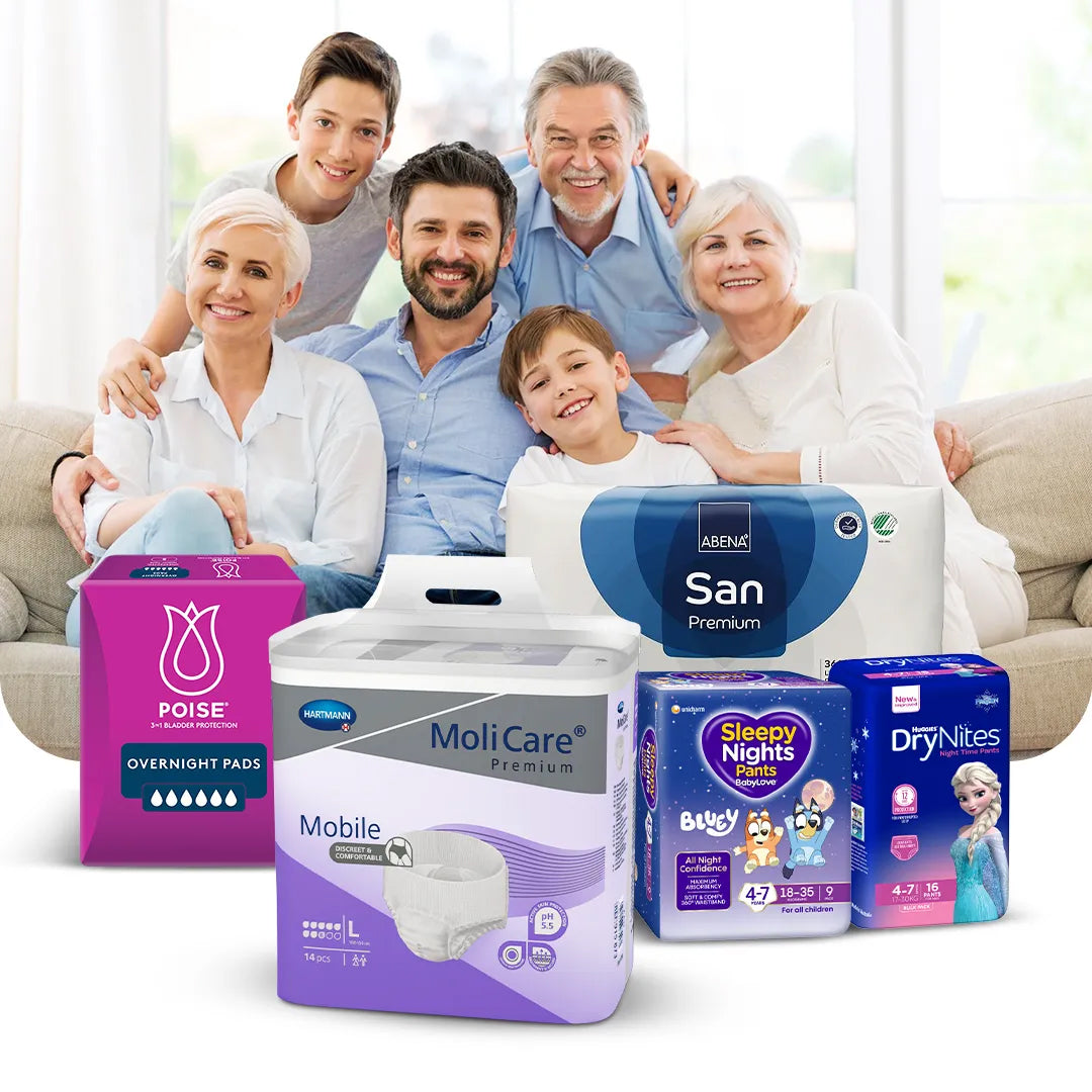 Family with incontinence and night pants products from Poise, MoliCare, Abena, and DryNites.