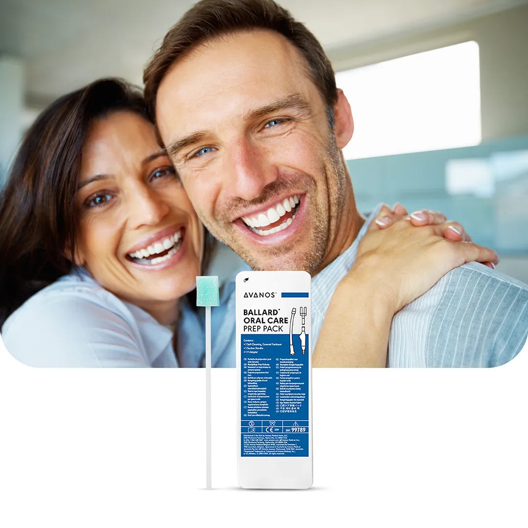 Smiling couple with Avanos BALLARD Oral Care Prep Pack and suction swab, designed for clinical oral hygiene, available at Medisa.