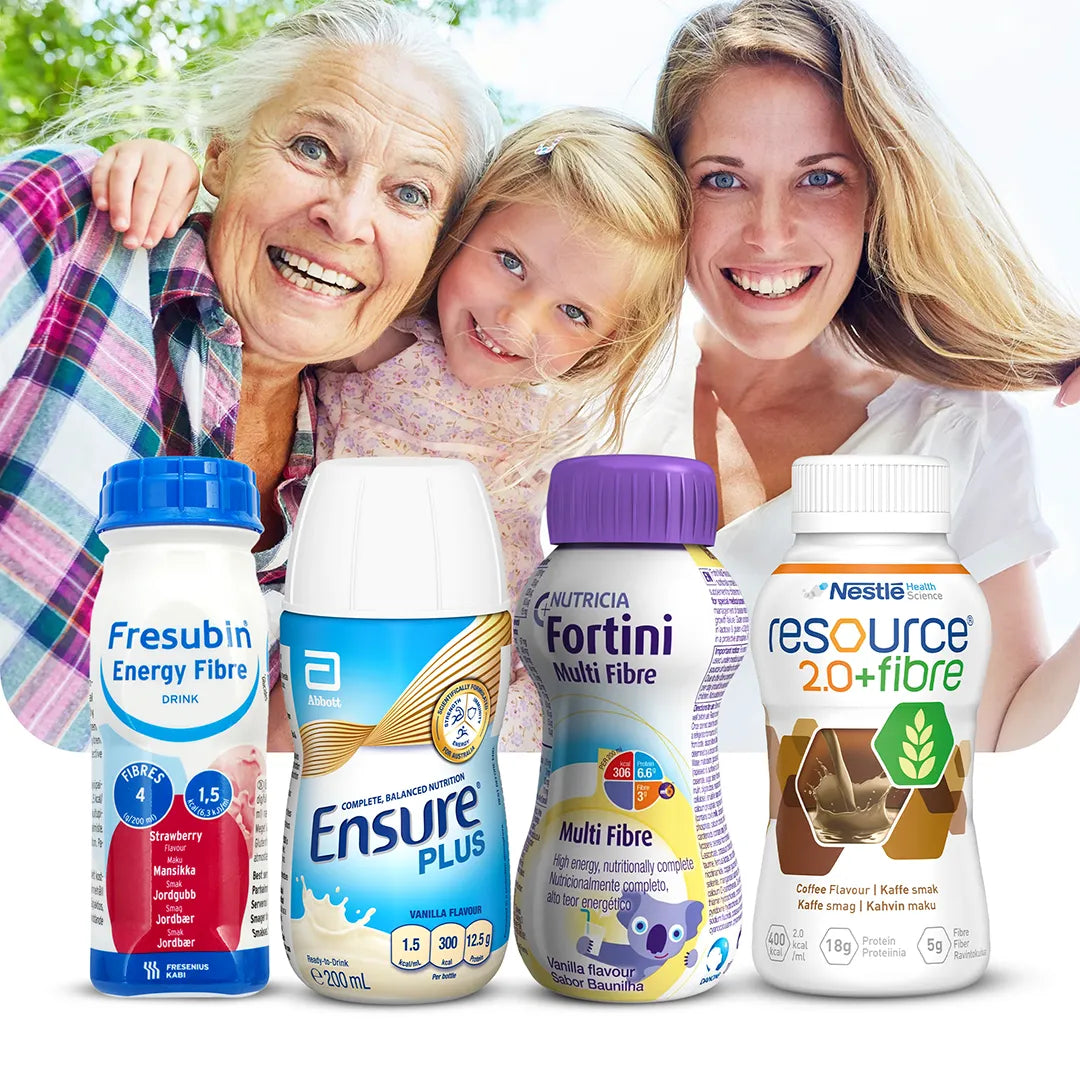 "Liquid Nutrition Products at Medisa – Featuring Fresubin Energy Fibre, Ensure Plus, Nutricia Fortini Multi Fibre, and Nestle Resource 2.0+ Fibre, with a happy multi-generational family in the background."