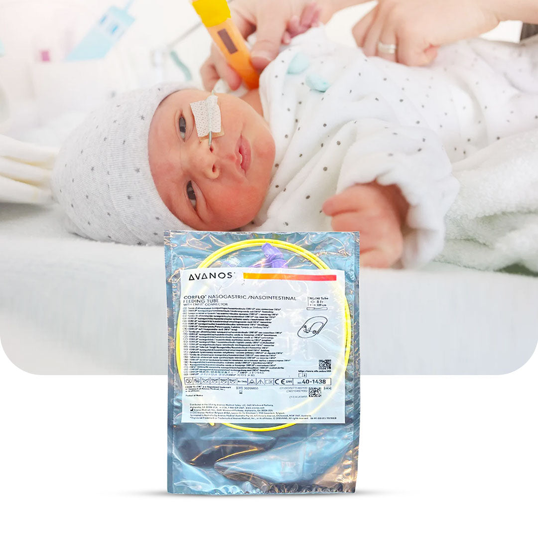 Newborn baby receiving nasogastric feeding through an Avanos CORFLO NG tube, with the packaged Avanos nasoenteric tube displayed in the foreground, highlighting safe enteral nutrition for neonatal care.