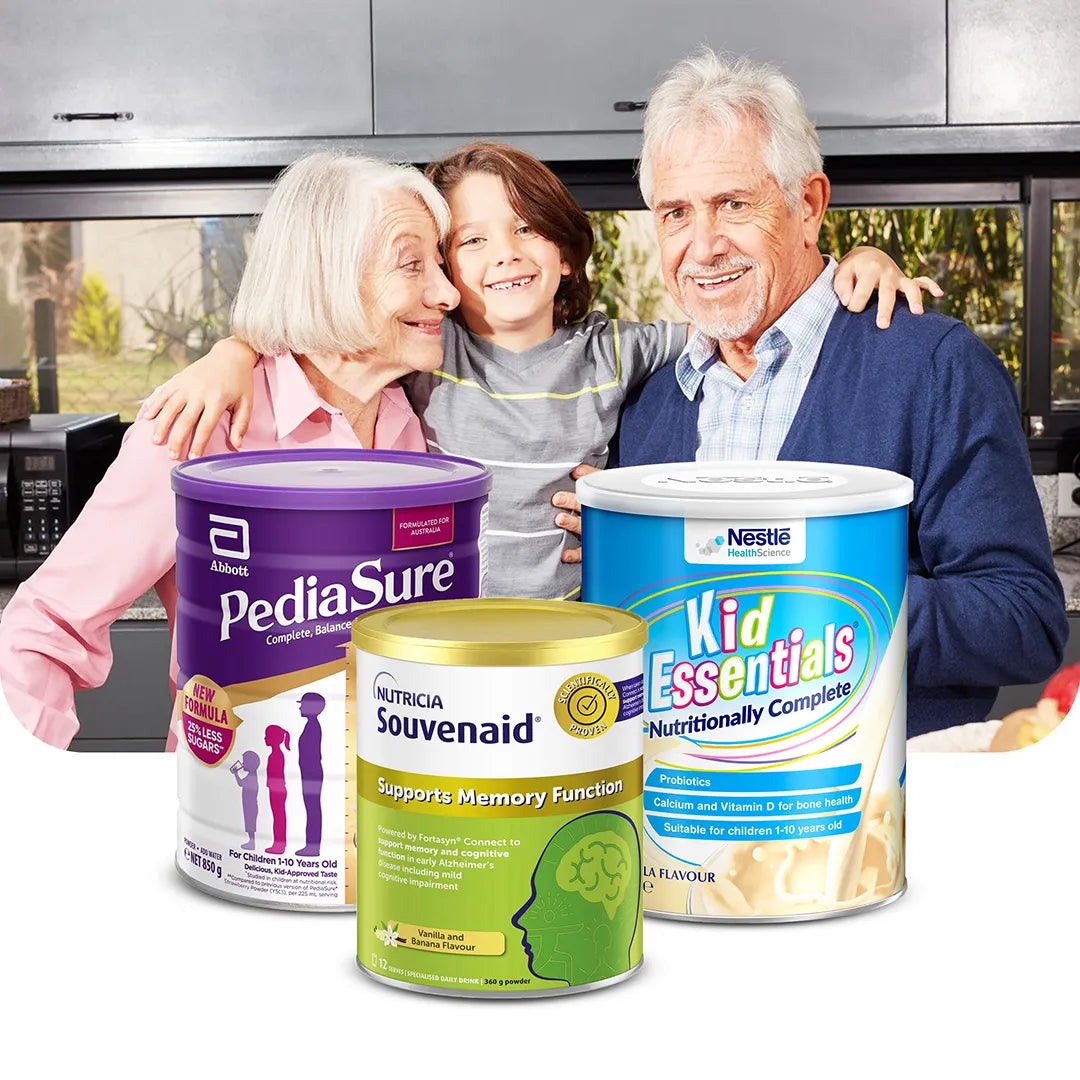 "Powder Nutrition Products at Medisa – Featuring Abbott PediaSure, Nutricia Souvenaid, and Nestle Kid Essentials with a happy multi-generational family smiling in a kitchen setting."