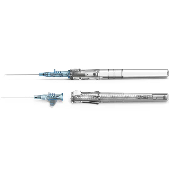 IV cannula with safety mechanism – sterile medical device used for intravenous access, shown in multiple angles for detail"