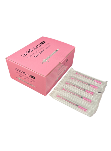 Terumo Unisharp 0.3mL Needle Syringe 31G x 8mm Pink (U31PK) - 100/Box