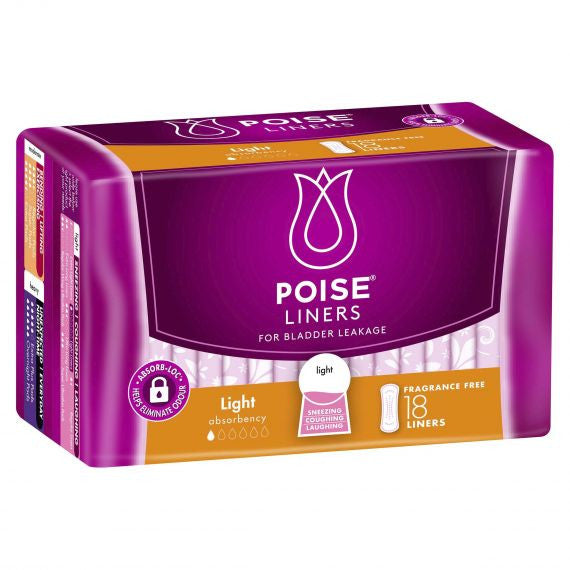 Poise Liners Light 165x64mm Female 25ml 165mm White, 18pc/pkt