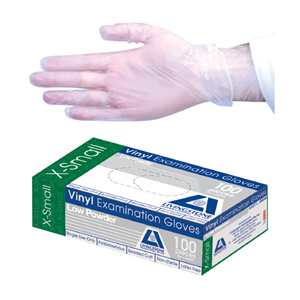 Vinyl Examination Gloves, Recyclable, Low Powder, Clear - All Sizes