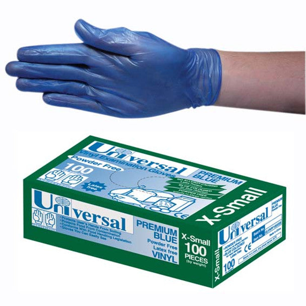 Universal Vinyl Gloves, Recyclable, Powder Free, Blue, HACCP Grade - All Sizes