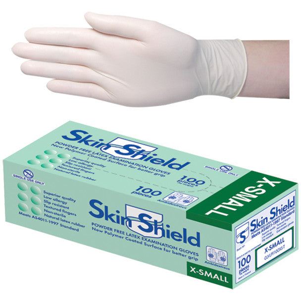 Skin Shield Latex Examination Gloves, Powder Free, AS/NZ, Biodegradable, Polymer Coated, Textured, HACCP, Cream - All Sizes