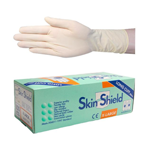 Skin Shield Biodegradable Latex Examination Gloves, AS NZ Standard, Powder Free, Long Cuff, 30cm, Cream Colour - All Sizes