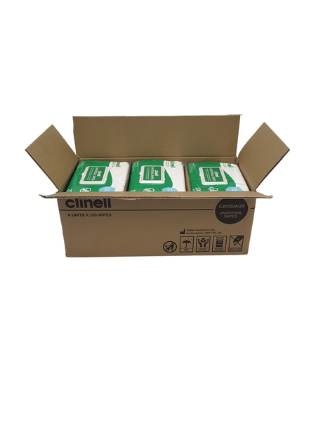 6 packs - Clinell Universal Sanitising Wipes, 25cm x 25cm Green (Pack of 200) - CW200AUS