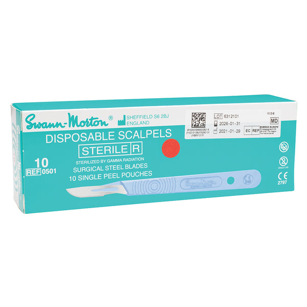 Swann-Morton Disposable Scalpel Stainless Steel Blade Attached to Handle Sterile, Box of 10 - All Sizes