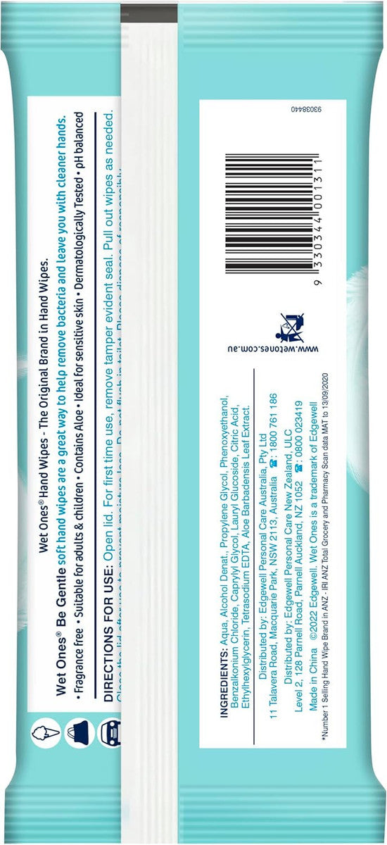 Wet Ones Be Gentle Sensitive Antibacterial Hand & Body wipes, 40 Wipes