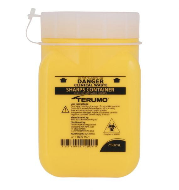 Terumo Sharps Container yellow screw top Bin Disposal Needle Waste, 750 mL