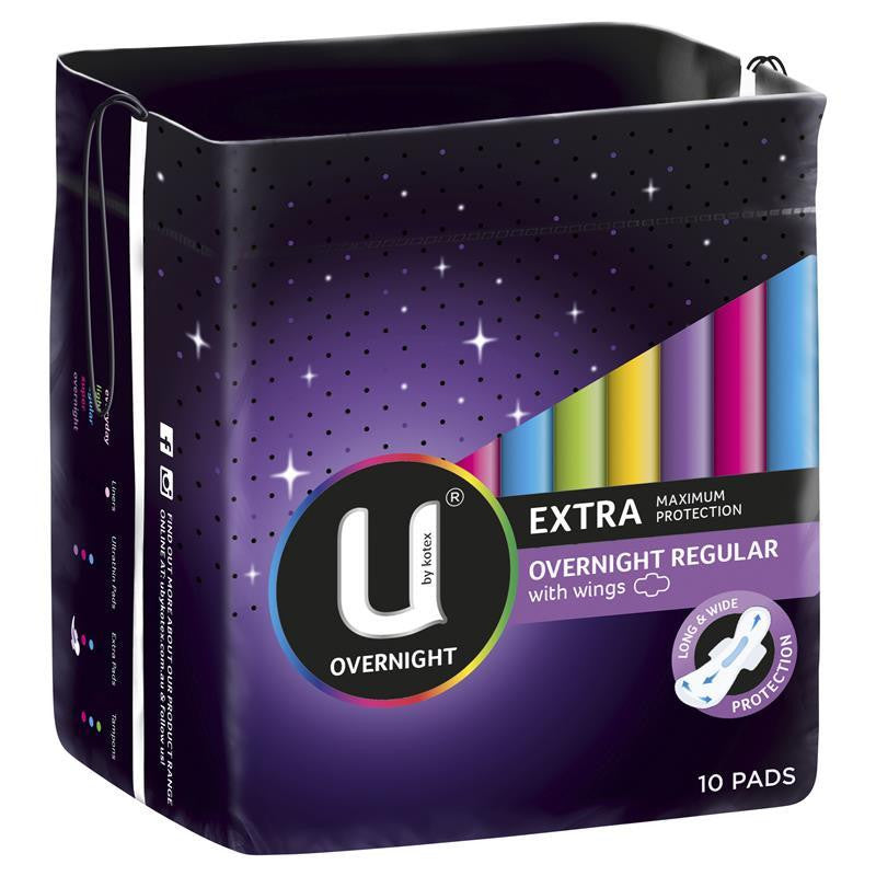 U by Kotex Extra Overnight Pads Wing 10 Pack