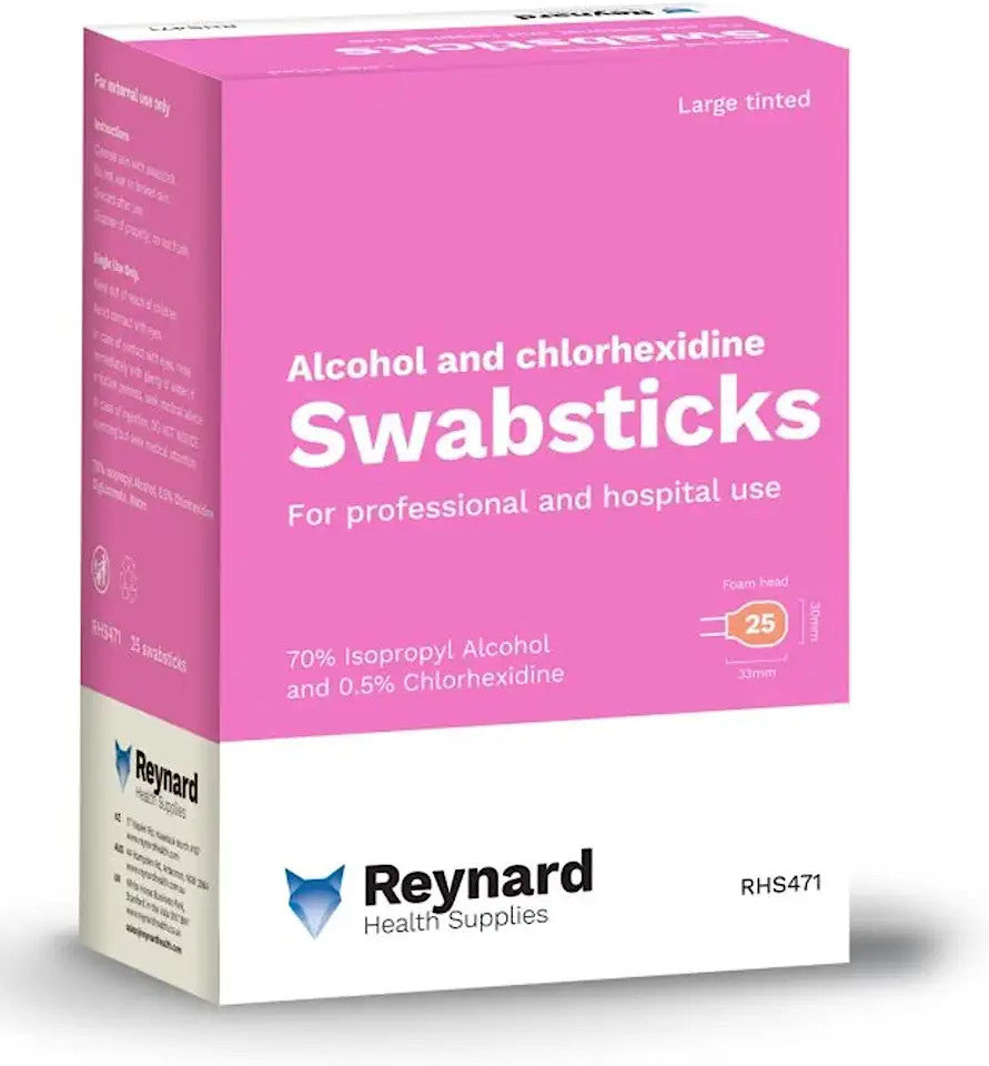 Reynard Health Supplies 70% Alcohol 0.5% Chlorhexidine Extra Large Foam Head Antiseptic Swabstick, Individually Sealed, Red Tinted - Box of 25