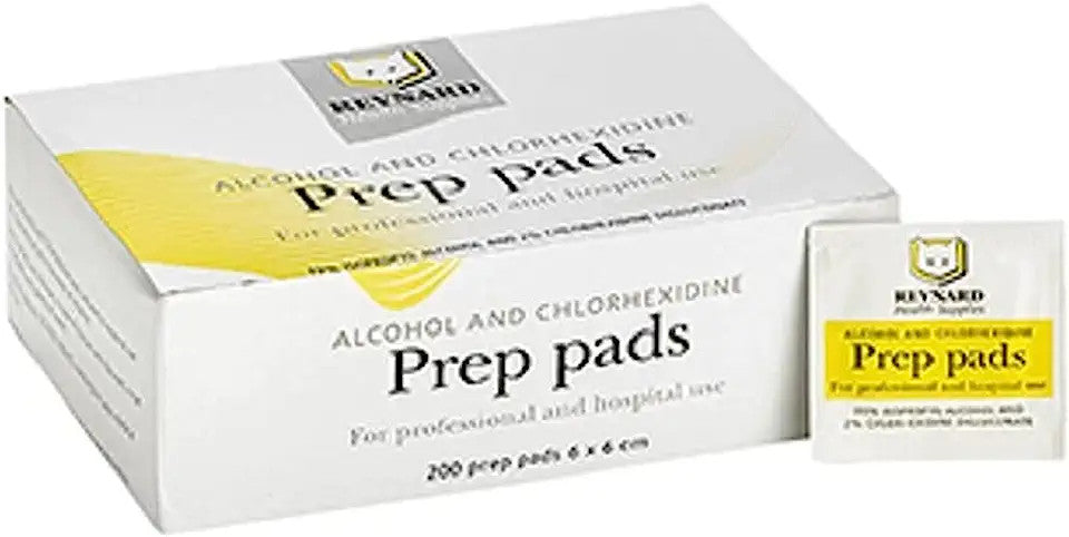 Reynard Health Supplies 2% Chlorhexidine & 70% Alcohol Prep Pads, White, 6cm x 6 cm - Box of 200