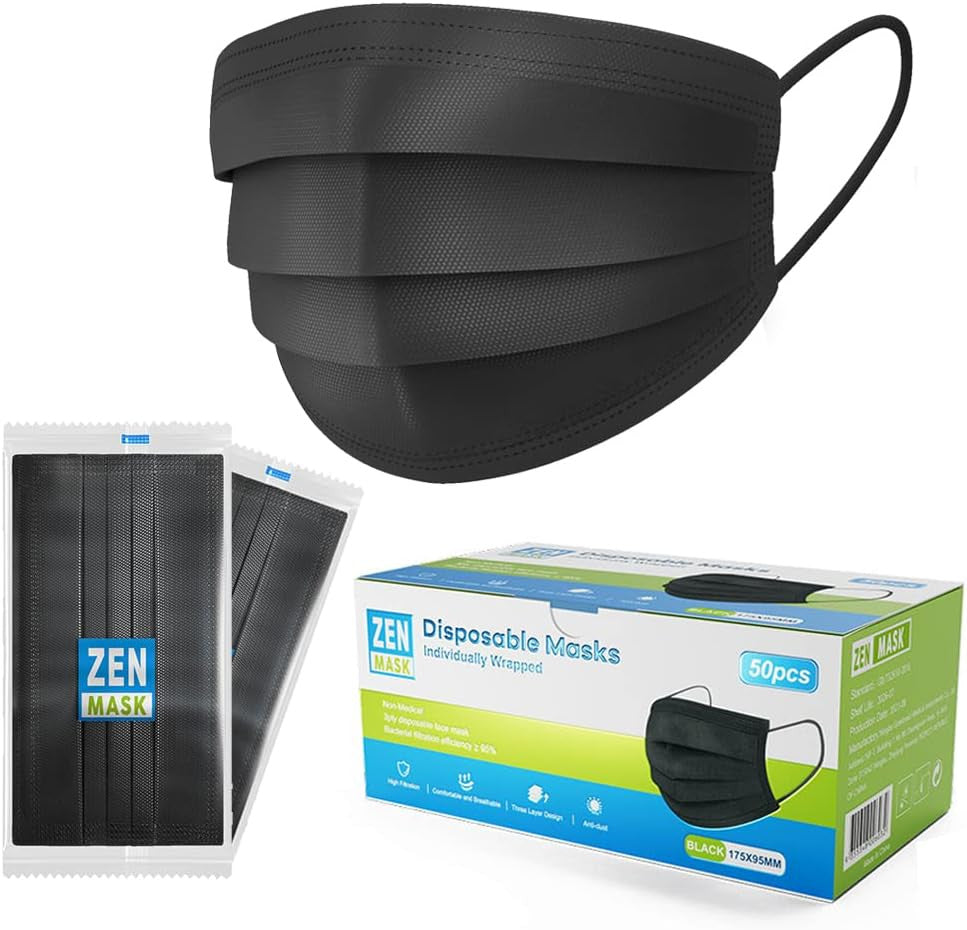 Individually Packed Disposable Face Mask 3 Layers, Black - 50pcs/ pack