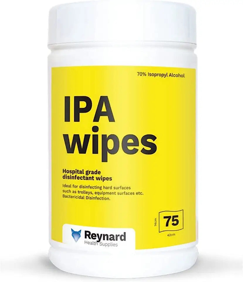 Reynard Health Supplies IPA Surface Disinfection Wipes (Canister) - Cleans Electronics, Sensitive Equipment, Household Items etc - Antibacterial Wipes - 70% Alcohol, White, 42cm x 14 cm - Box of 75