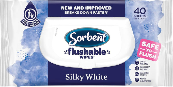 Sorbent Silky White Flushable Wipes (40Wipes / Pack) - 1Ctn (14 x 40/pack)