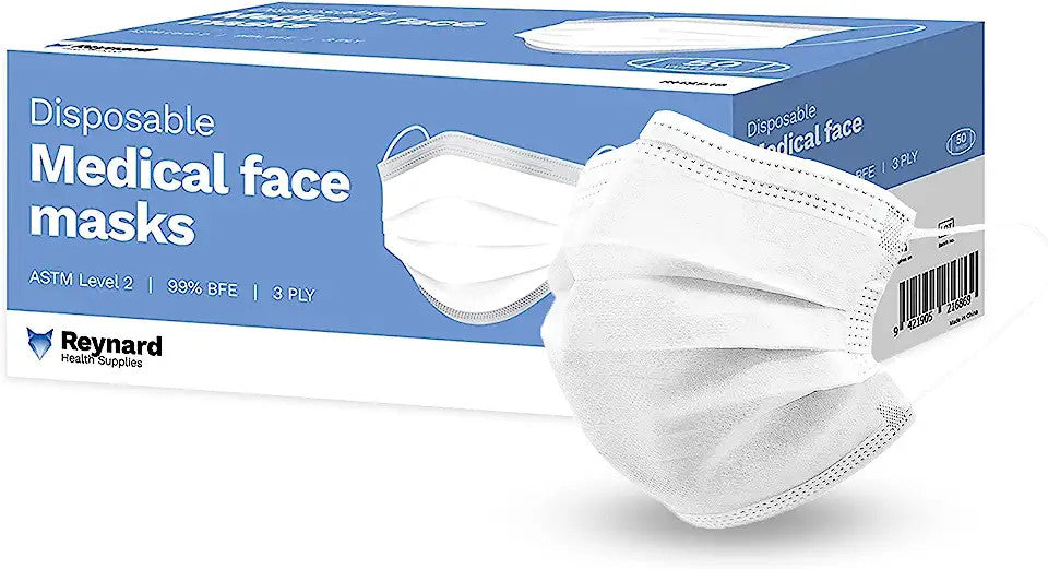 Reynard Health Supplies Disposable Face Masks - White - Pack of 50 PCs- Medical 3-Ply Surgical White Face Masks -Comfortable Surgical Mask - Elastic Ear Loop 3-Layer Safety Shield - Box of 1