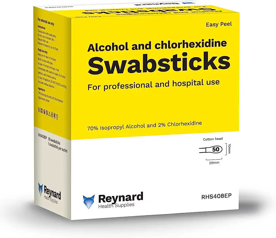 Reynard Health Supplies 70% Alcohol 2% Chlorhexidine Antiseptic Cotton Swabstick, Individually Sealed in Easy Peel Sachet, White - Box of 50