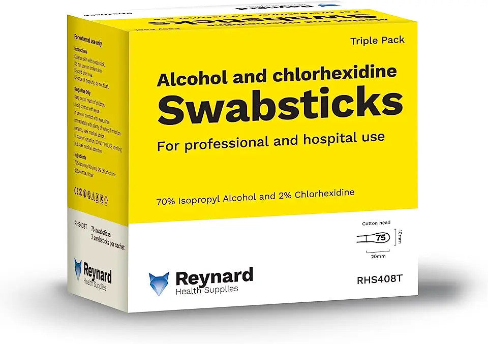 Reynard Health Supplies 70% Alcohol 2% Chlorhexidine Antiseptic Cotton Swabstick, Triple Pack, White - Box of 75