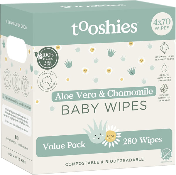 Tooshies Aloe Vera & Chamomile Wet Wipes, (70Wipes / Pack) - 4packs / Ctn