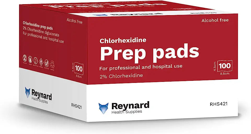 Reynard Health Supplies Premium 2% Chlorhexidine Prep Pad, Alcohol Free, Individually Sealed, White, 4.5cm x 8.5 cm - Box of 100