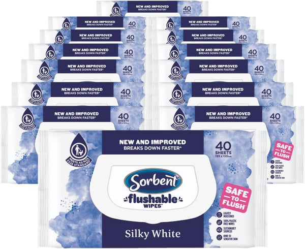 Sorbent Silky White Flushable Wipes (40Wipes / Pack) - 1Ctn (14 x 40/pack)