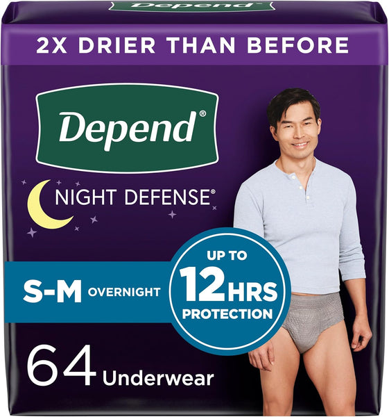 Depend Night Defense Adult Incontinence Underwear for Men, Small/Medium - Pack of 64pcs