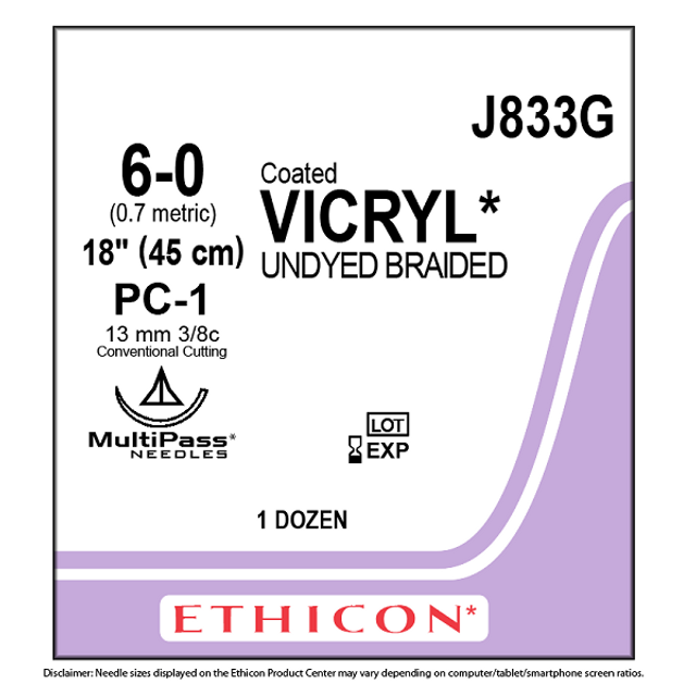 J833G Ethicon Coated Vicryl Suture, Size 6-0, Length 18