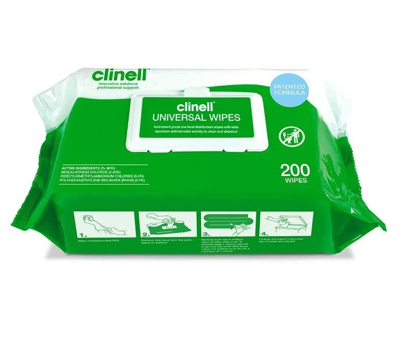 6 packs Clinell Universal Sanitising Wipes 25cm x 25cm Green