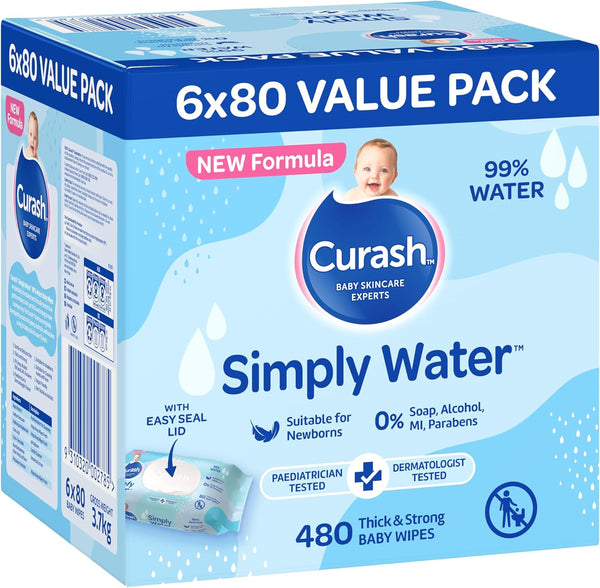 Curash Simply Water Baby Wipes, 1Ctn (480/ctn, 6 x 80/wipes)