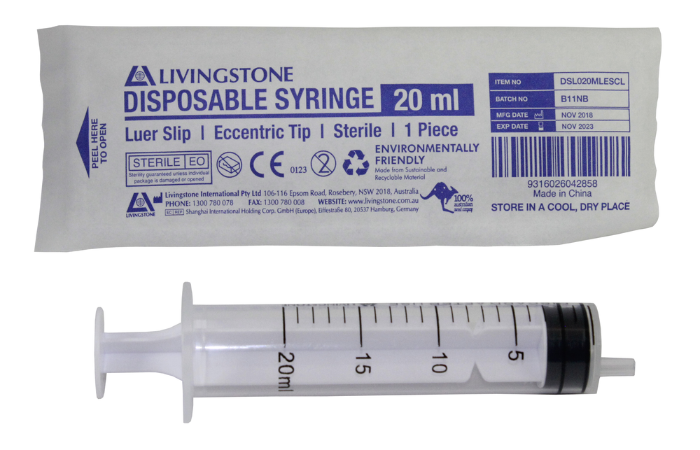 Syringe 20ml Luer Slip Tip Eccentric Off Centre Nozzle Latex