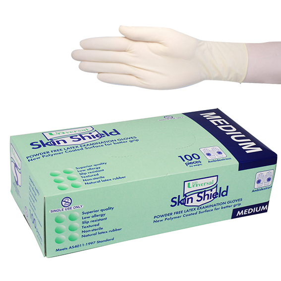 Universal Skin Shield Latex Examination Gloves Powder Free Polymer Coated