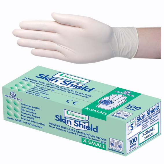 Universal Skin Shield Latex Examination Gloves Powder Free Polymer Coated