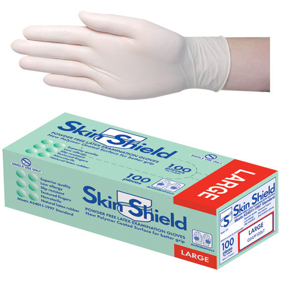 Skin Shield Latex Examination Gloves Powder Free Polymer Coated High