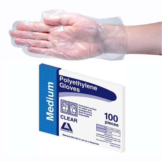 Disposable Polyethylene Gloves Medium Embossed Ambidextrous Recyclable Clear 100 per