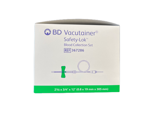 BD Vacutainer Safety-Lok Blood Collection Set, with Luer Adapter, 21 Gauge x 0.75 Inch Needle, 12 Inches Tubing - Box of 50