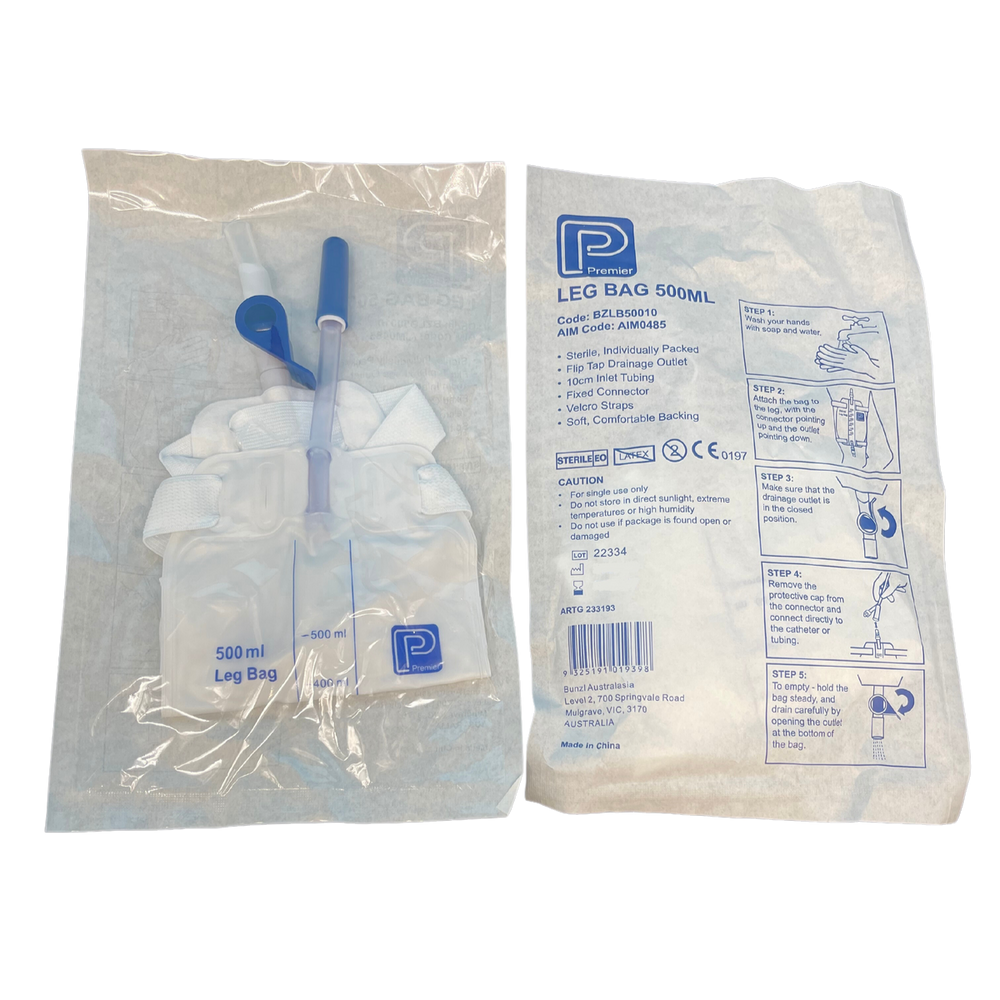 Premier Leg Bag Sterile Flip Tap 10cm 500mL with 10cm Inlet Tube