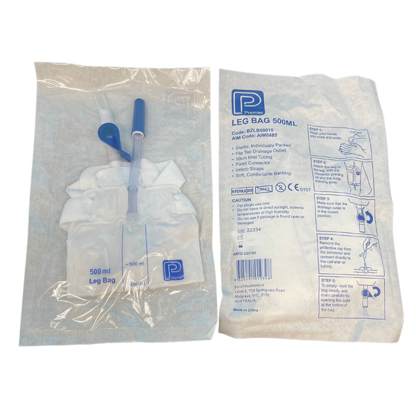 Premier Leg Bag Sterile Flip Tap 10cm 500mL with 10cm Inlet Tube