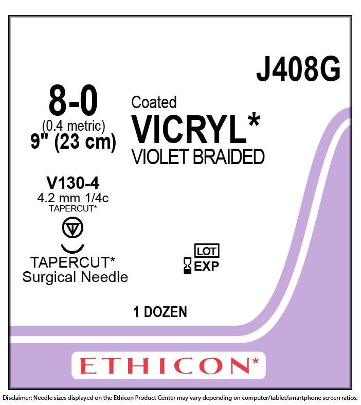 Ethicon Coated VICRYL (polyglactin 910) Suture TAPERCUT V130-4 4.2mm 1/4 Circle 8-0 Violet Braided 1 x 9