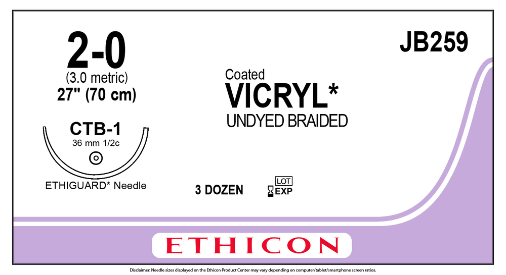 Ethicon Coated VICRYL (polyglactin 910) Suture Blunt Point ETHIGUARD CTB-1 36mm 1/2 Circle 2-0 Undyed Braided 1 x 27”/70cm - Box of 36