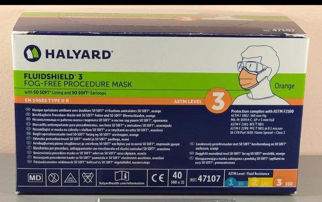 HALYARD FLUIDSHIELD Level 3 Orange Procedure Mask 47107 40 Mask/Box