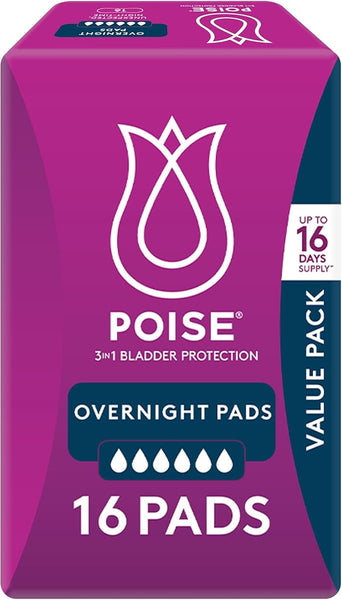 Poise Overnight Pads For Bladder Leaks, 6D, 16 pads/ pack