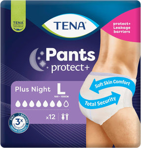 TENA Plus Night Pants Large, Protect+, Unisex Heavy Incontinence (100-135cm), Pack of 12
