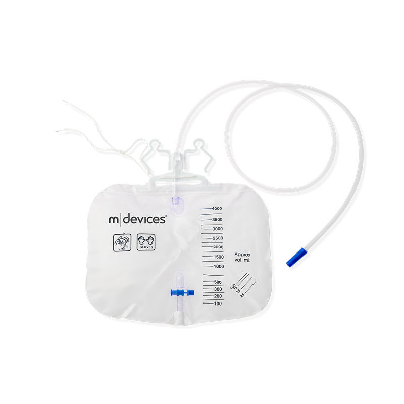 Mdevices Urine Bag - 4000mL T-Tap Non-Return Valve Integrated Hanger and Rope 150cm Tubing