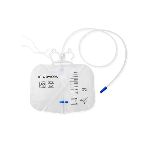 Mdevices Urine Bag - 4000mL T-Tap Non-Return Valve Integrated Hanger and Rope 150cm Tubing (UR064000 )