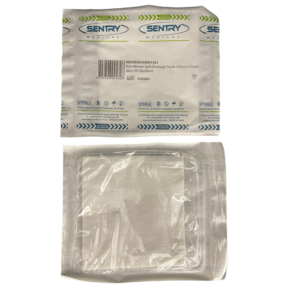 Sentry Non-Woven Split Drainage Swab 7.5cm x 7.5cm, 10cm x 10cm, Box of 50