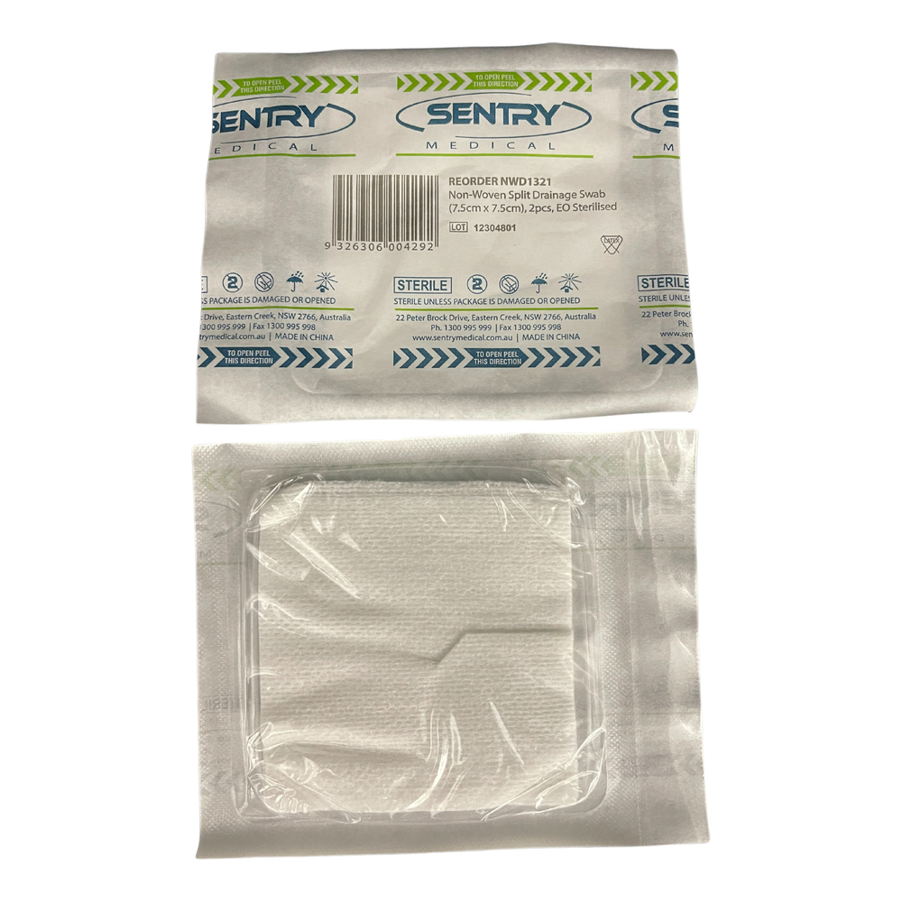 Sentry Non-Woven Split Drainage Swab 7.5cm x 7.5cm, 10cm x 10cm, Box of 50